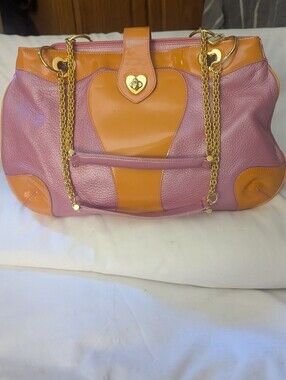 Lovcat Paris Pink and Orange Leather Shoulder Bag with  Hearts Details Tote Bag.
